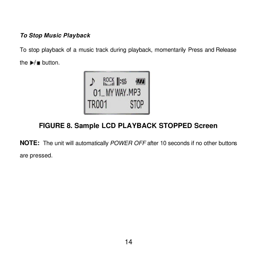 Audiovox MP2164 manual Sample LCD Playback Stopped Screen, To Stop Music Playback 