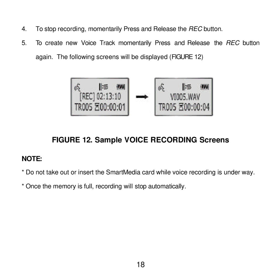 Audiovox MP2164 manual Sample Voice Recording Screens 