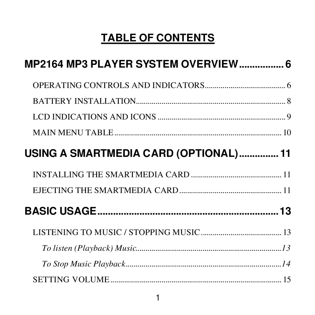 Audiovox manual MP2164 MP3 Player System Overview, Table of Contents 