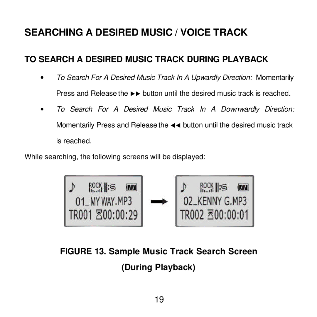 Audiovox MP2164 manual Searching a Desired Music / Voice Track, To Search a Desired Music Track During Playback 