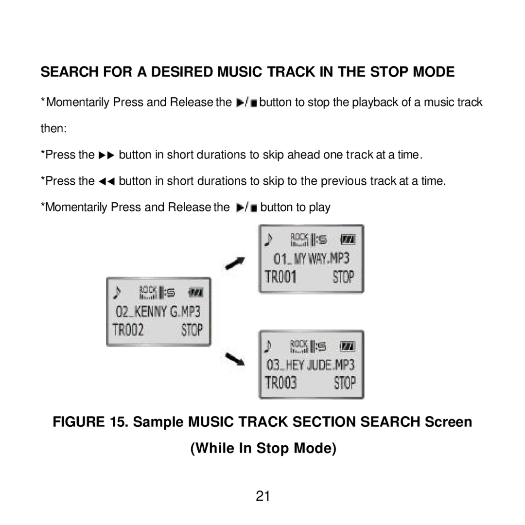 Audiovox MP2164 manual Search for a Desired Music Track in the Stop Mode 