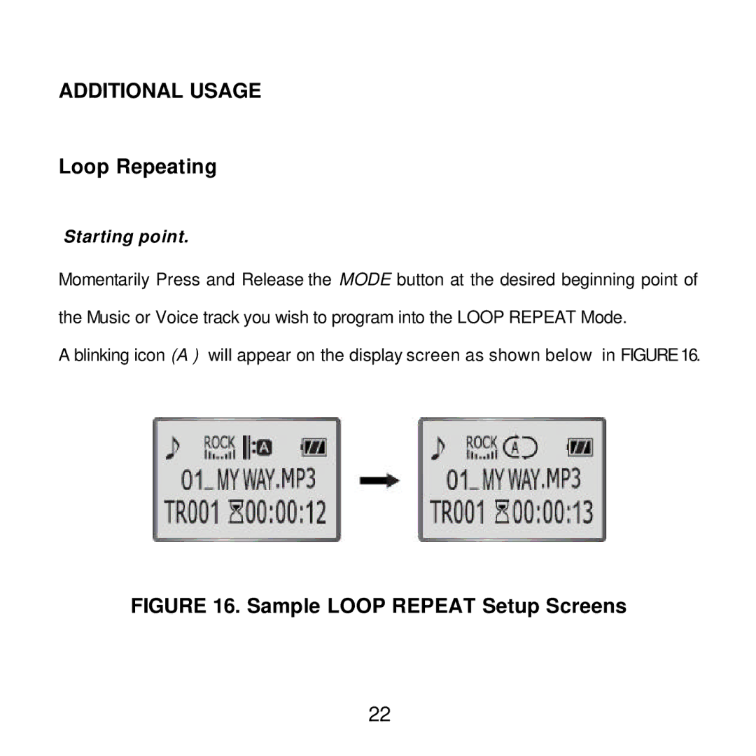 Audiovox MP2164 manual Additional Usage, Starting point 