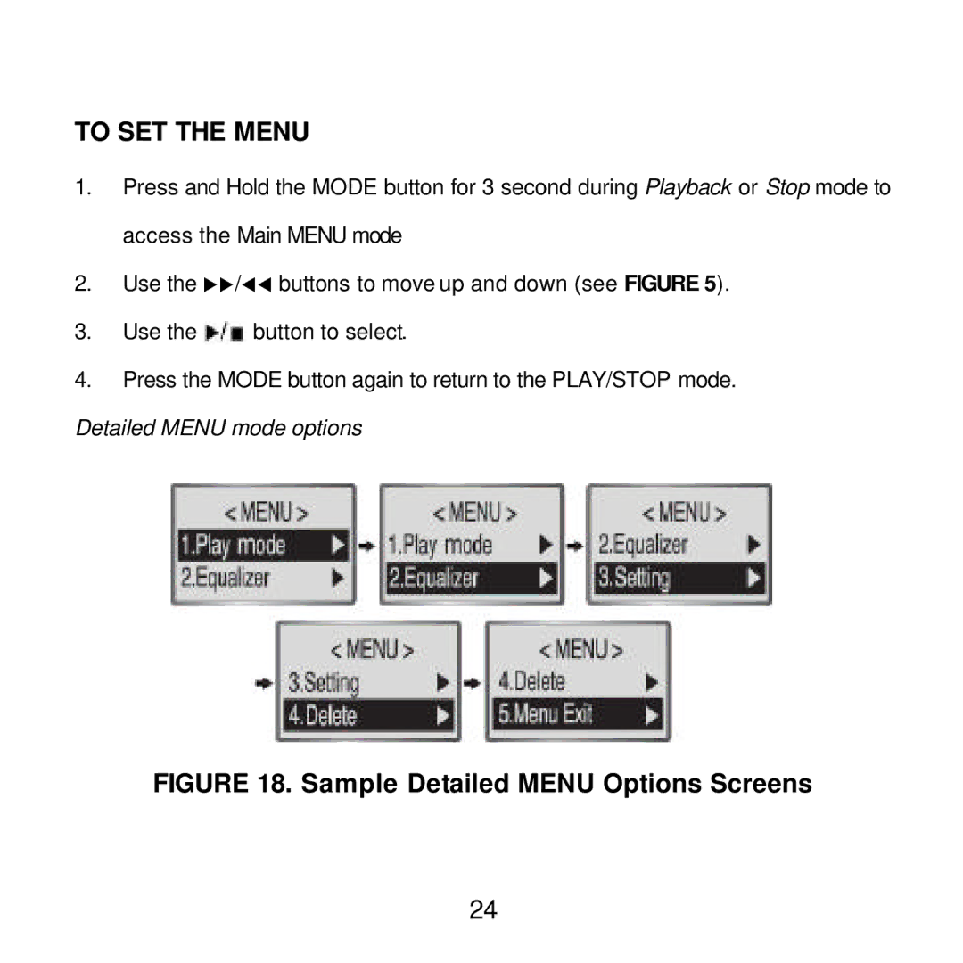 Audiovox MP2164 manual To SET the Menu, Detailed Menu mode options 