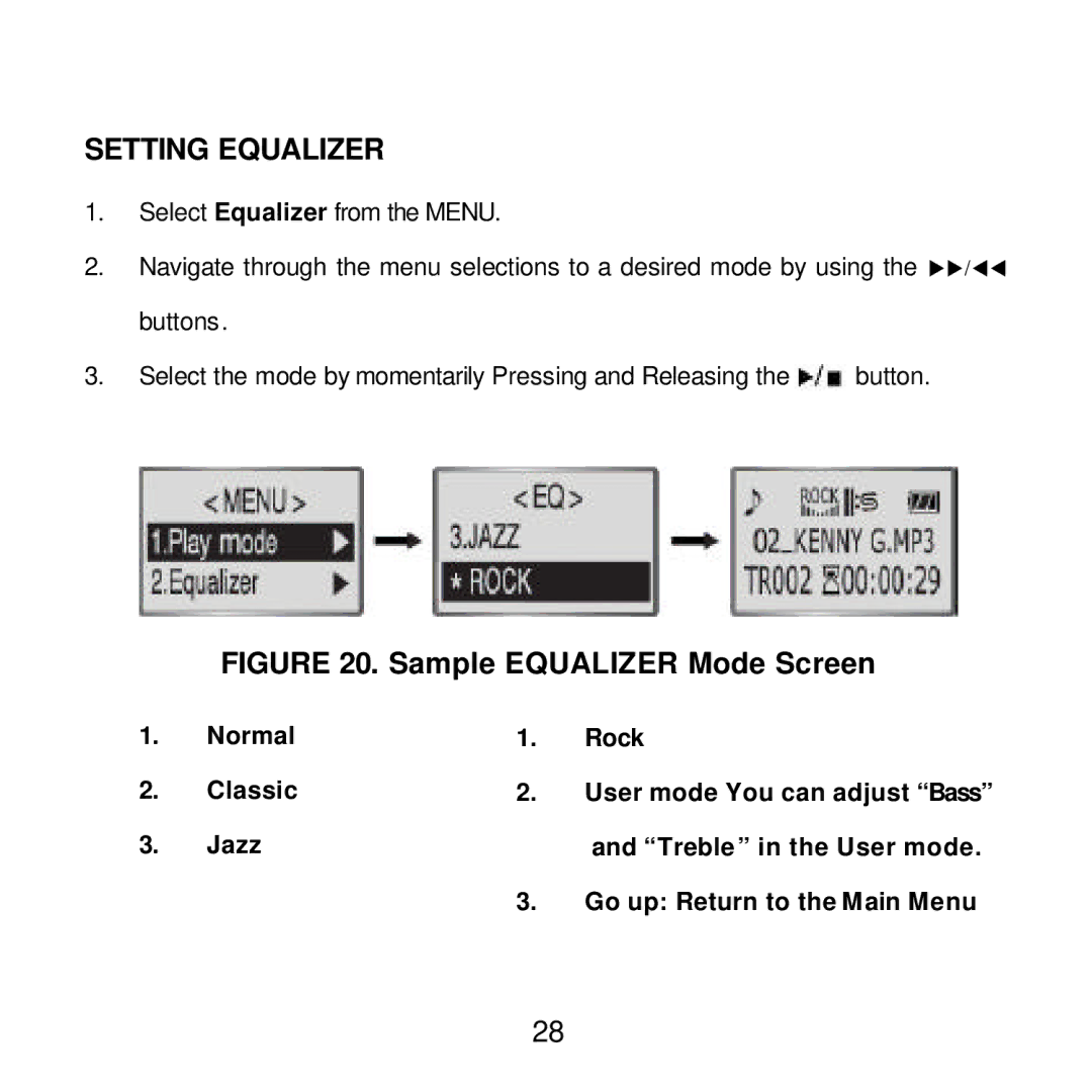 Audiovox MP2164 manual Setting Equalizer, Sample Equalizer Mode Screen 