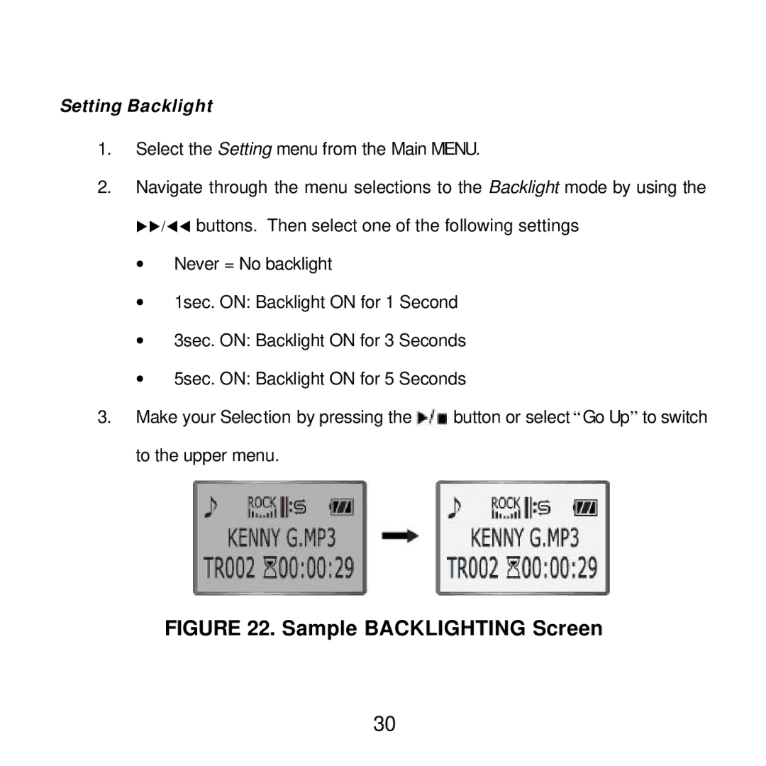 Audiovox MP2164 manual Sample Backlighting Screen, Setting Backlight 