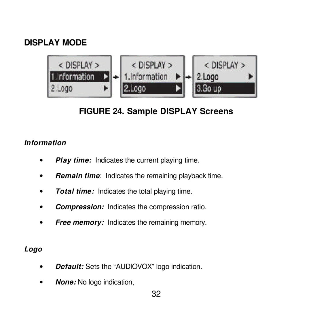 Audiovox MP2164 manual Display Mode, Information, Logo 