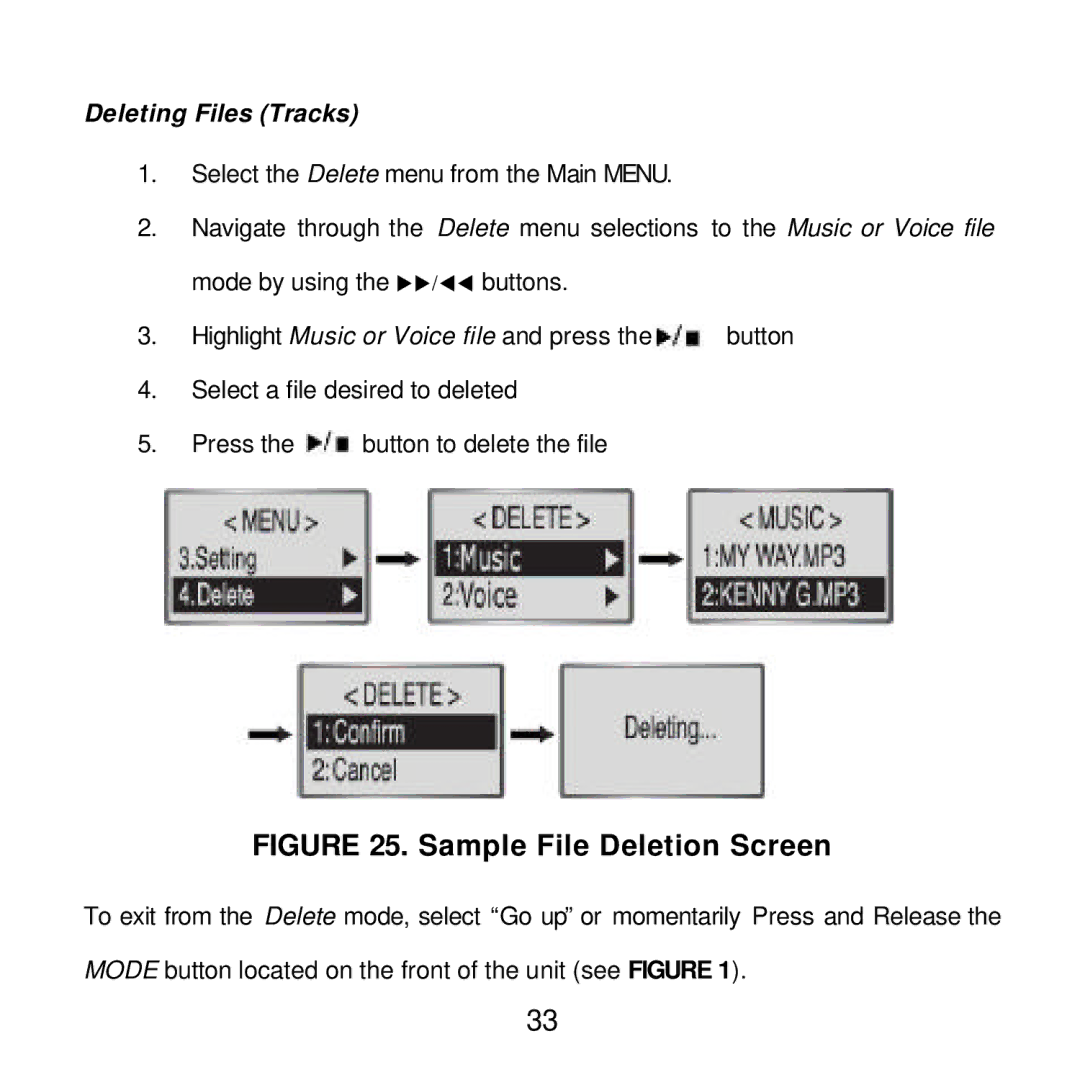 Audiovox MP2164 manual Sample File Deletion Screen, Deleting Files Tracks 