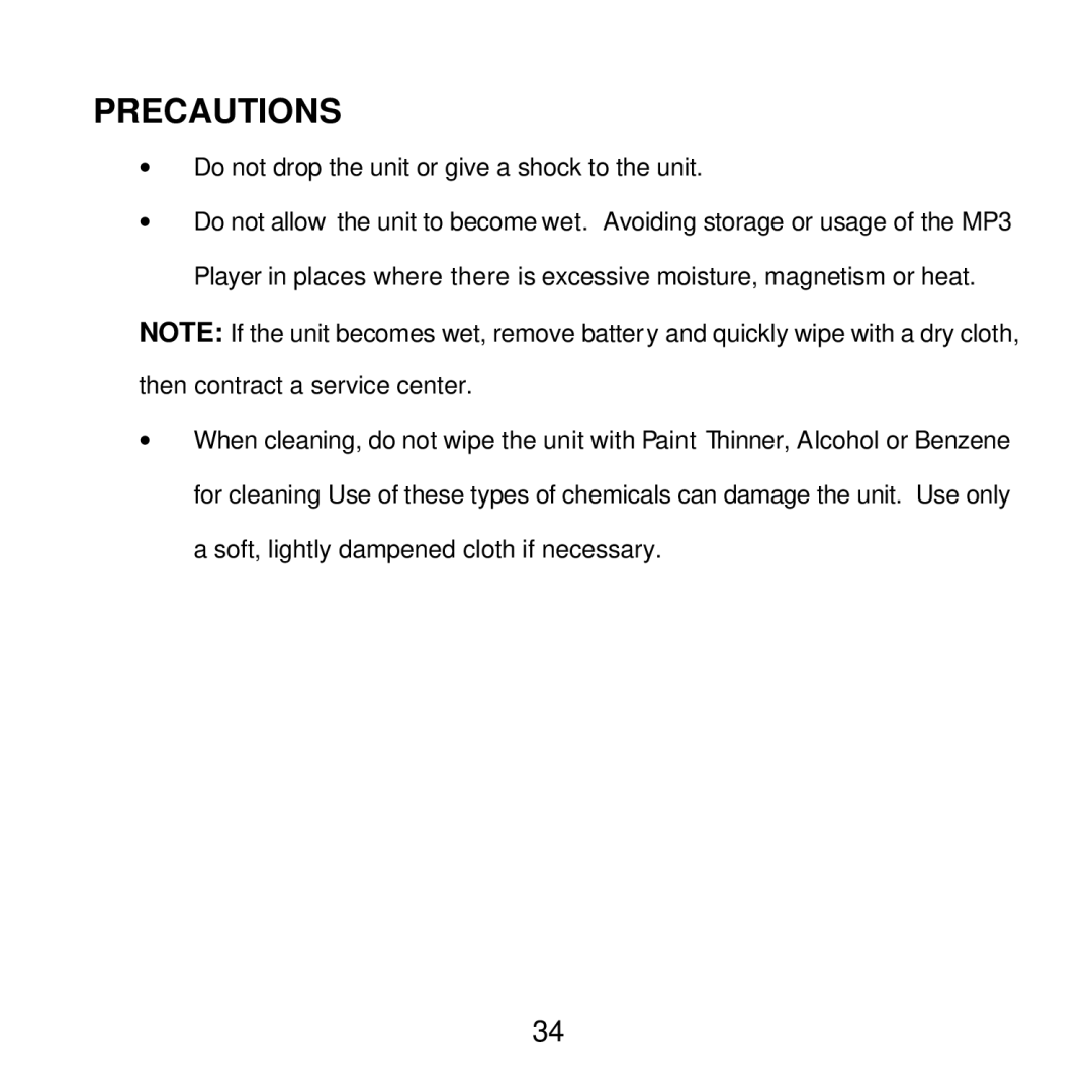 Audiovox MP2164 manual Precautions 