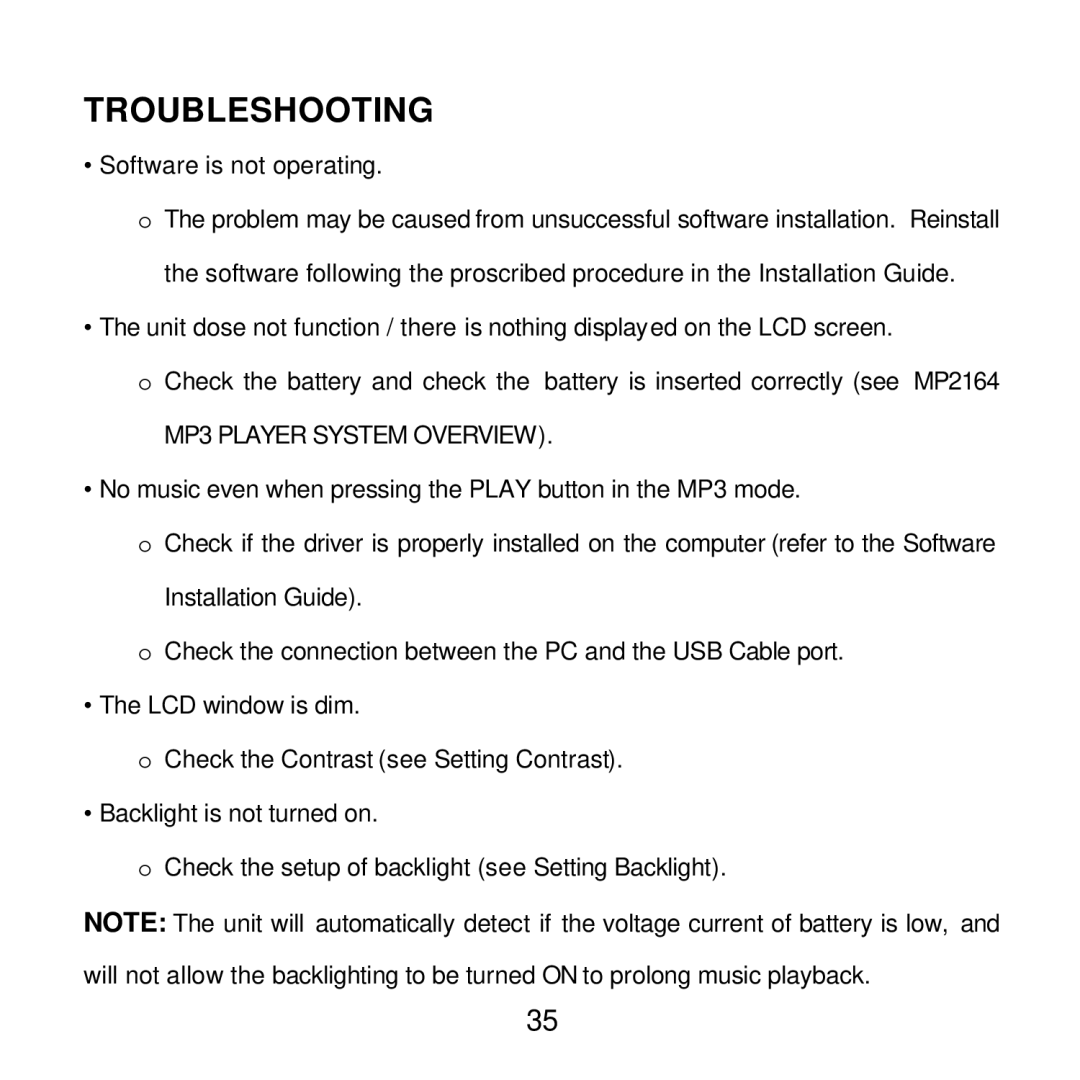 Audiovox MP2164 manual Troubleshooting, Software is not operating 