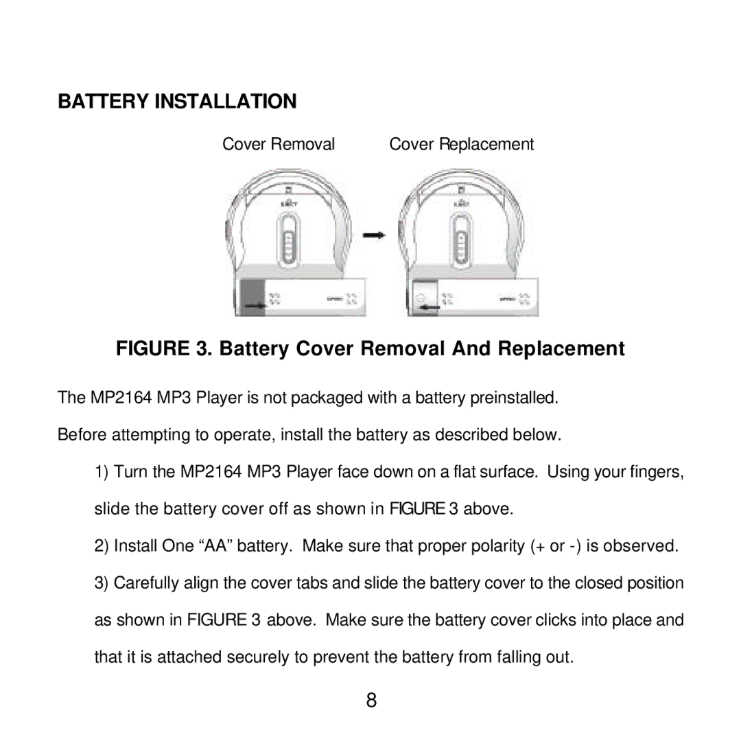 Audiovox MP2164 manual Battery Installation, Battery Cover Removal And Replacement 