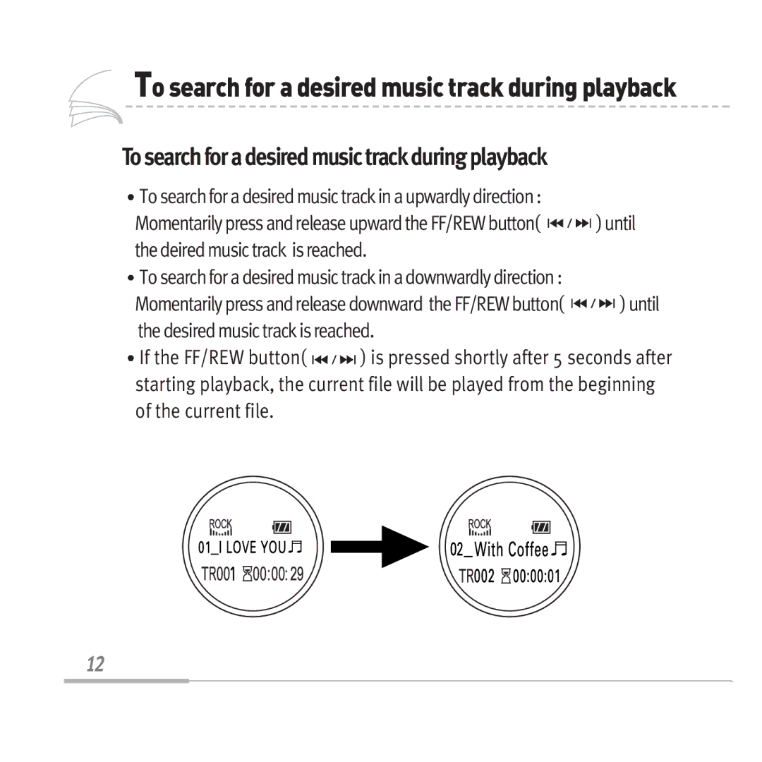 Audiovox MP3128 manual Tosearchforadesiredmusictrackduringplayback, To search for a desired music track during playback 