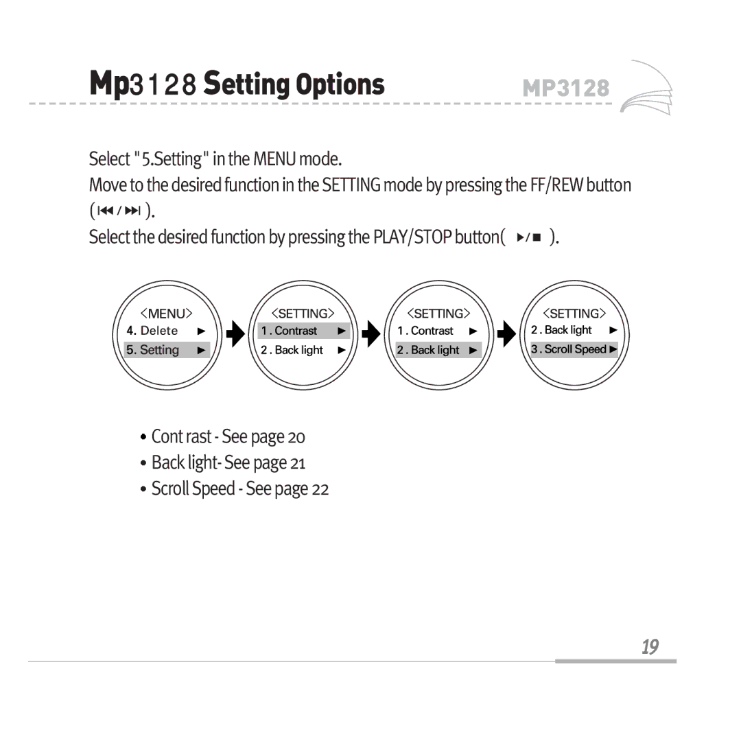 Audiovox MP3128 manual Mp3128 SettingOptions, Select 5.Setting in the Menu mode 