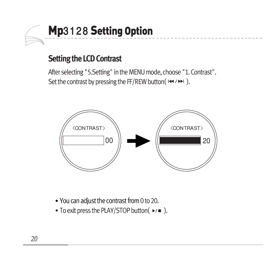 Audiovox MP3128 manual Mp3128 SettingOption, Setting the LCD Contrast 