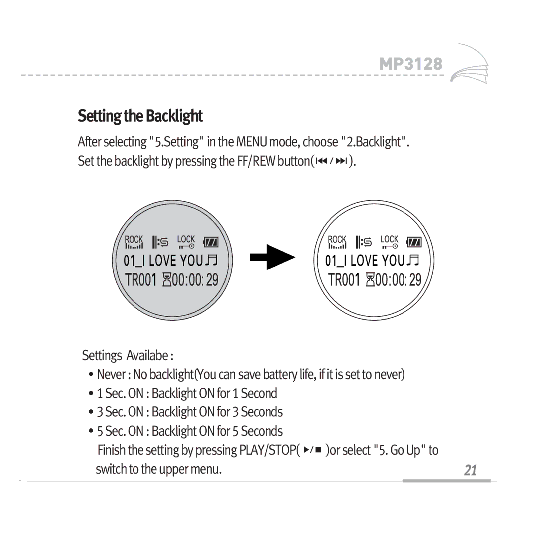 Audiovox MP3128 manual Setting the Backlight 