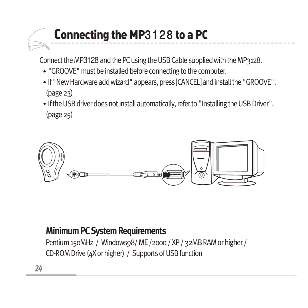 Audiovox manual ConnectingtheMP3128 toaPC, Minimum PC System Requirements 