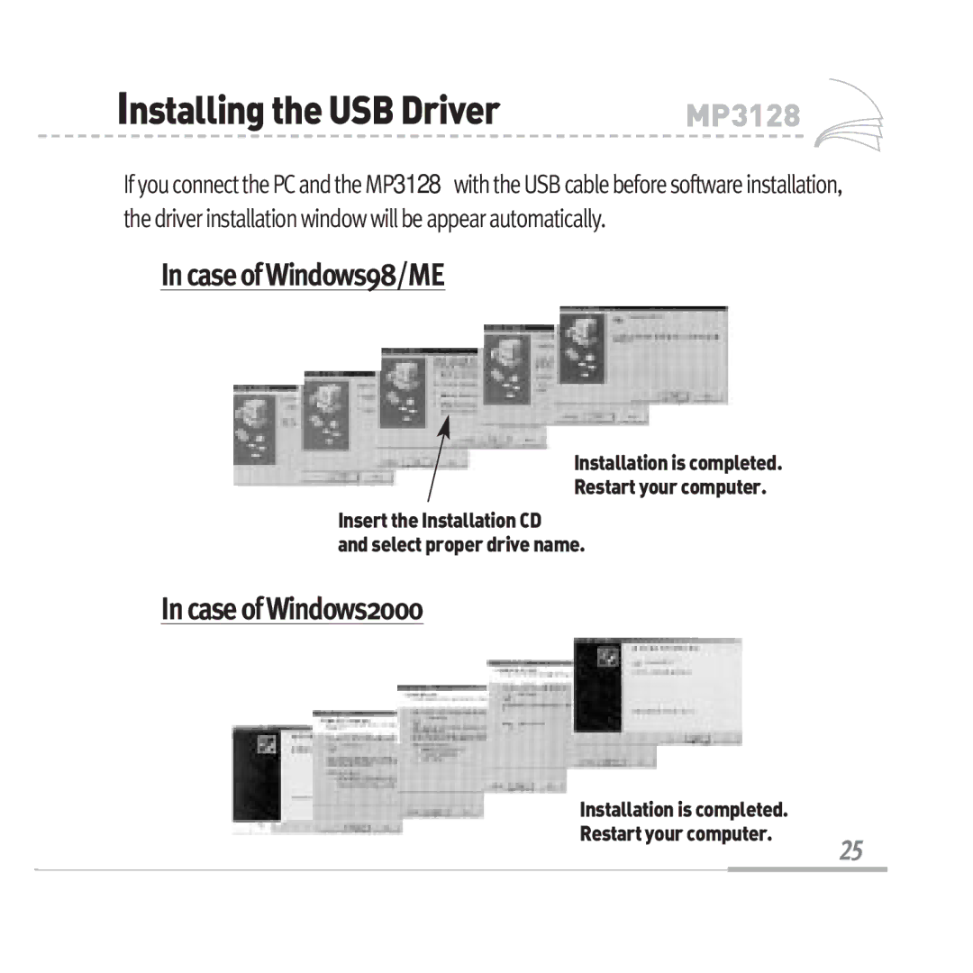 Audiovox MP3128 manual InstallingtheUSBDriver, Case ofWindows98/ME, Case ofWindows2000 