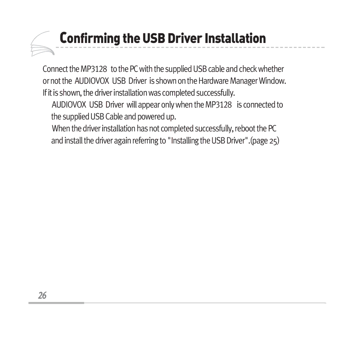 Audiovox MP3128 manual ConfirmingtheUSBDriverInstallation 