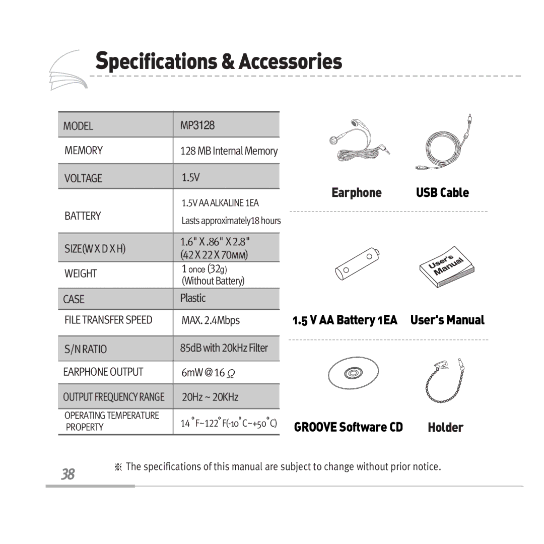 Audiovox MP3128 manual Specifications&Accessories, Ratio 