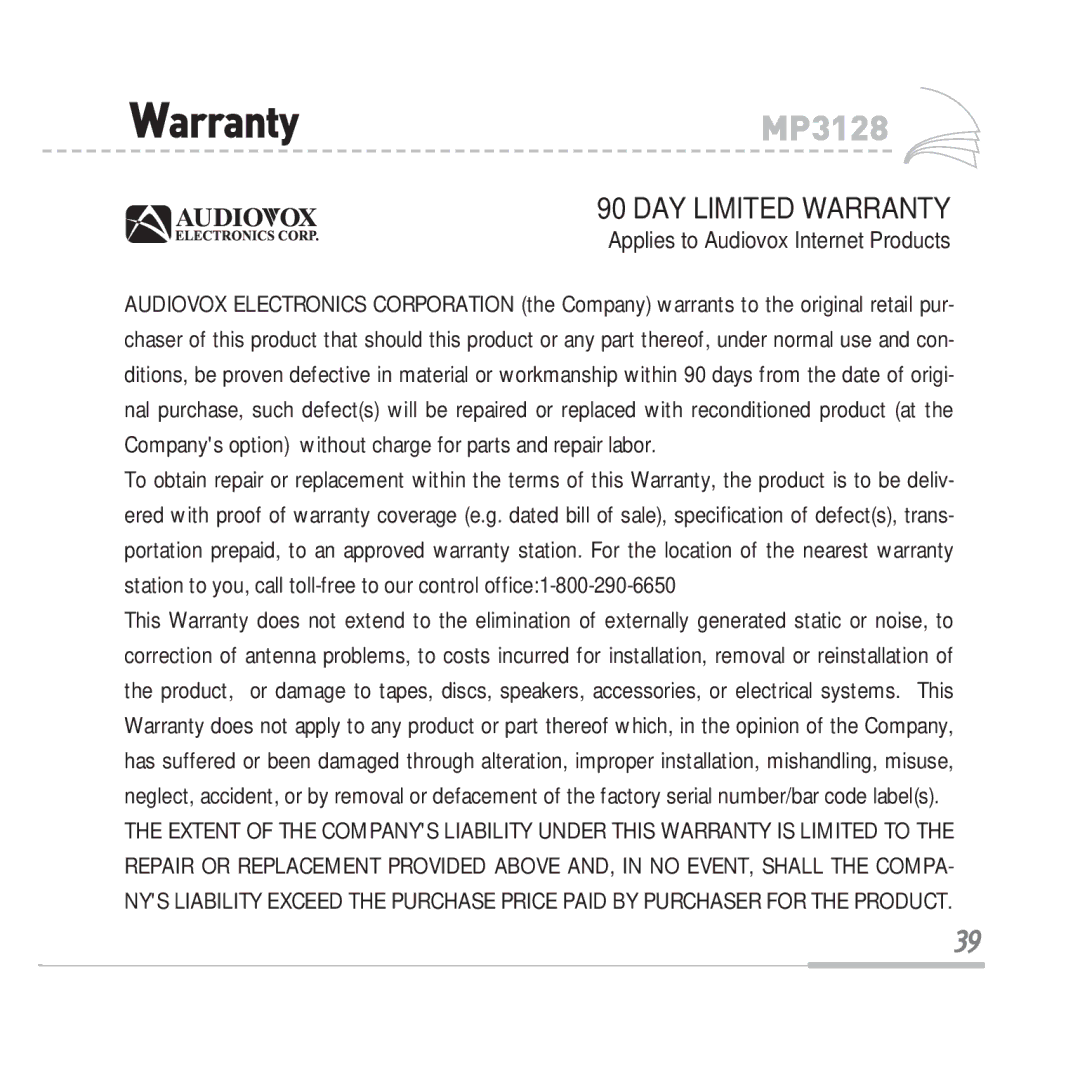 Audiovox manual WarrantyMP3128, DAY Limited Warranty 