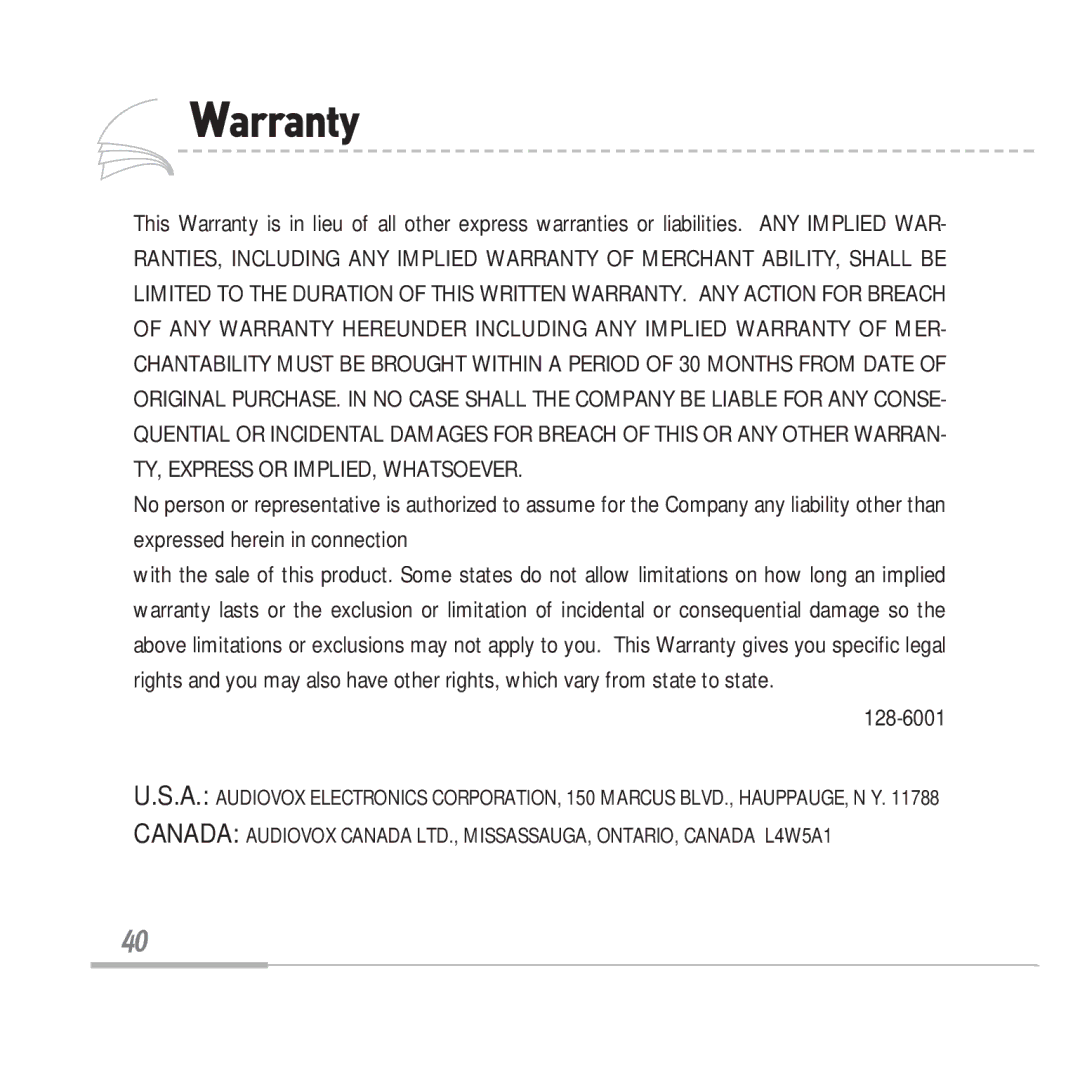 Audiovox MP3128 manual Warranty 