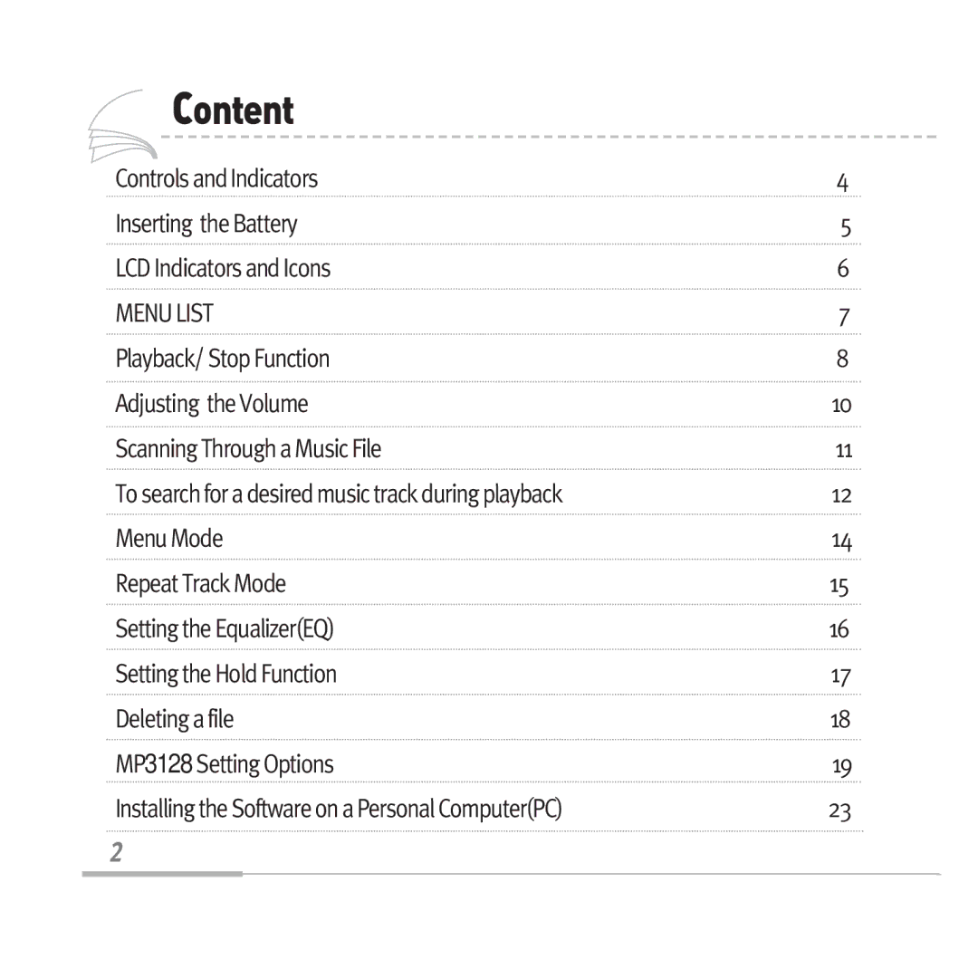 Audiovox MP3128 manual Content, Menu List 