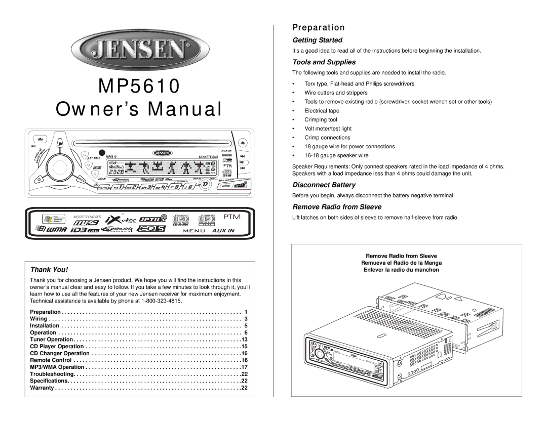 Audiovox MP5610 owner manual Preparation 