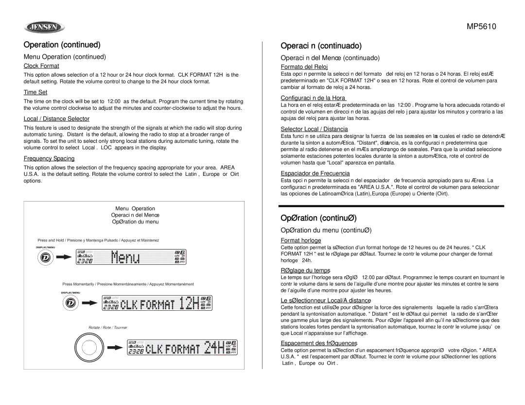 Audiovox MP5610 owner manual Operación del Menú continuado, Opération du menu continué 