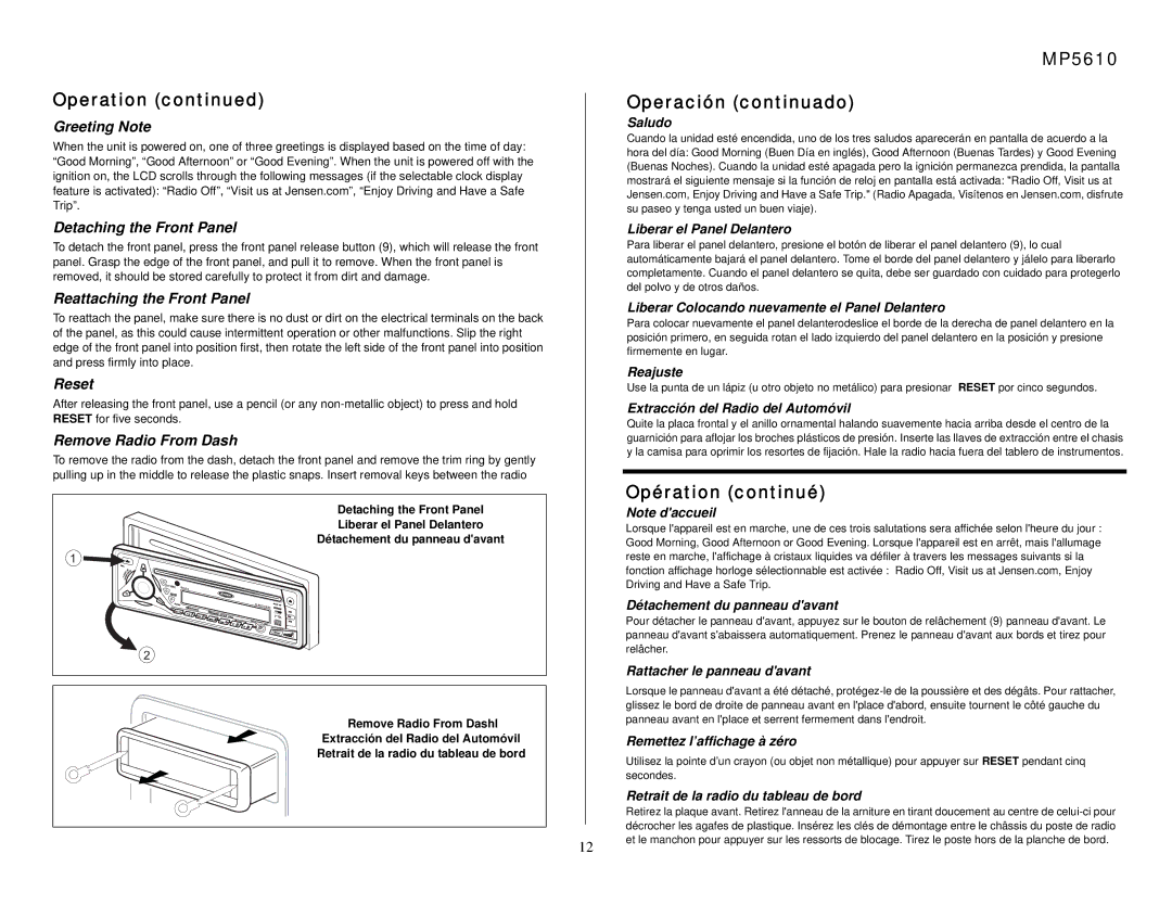 Audiovox MP5610 Greeting Note, Detaching the Front Panel, Reattaching the Front Panel, Reset, Remove Radio From Dash 