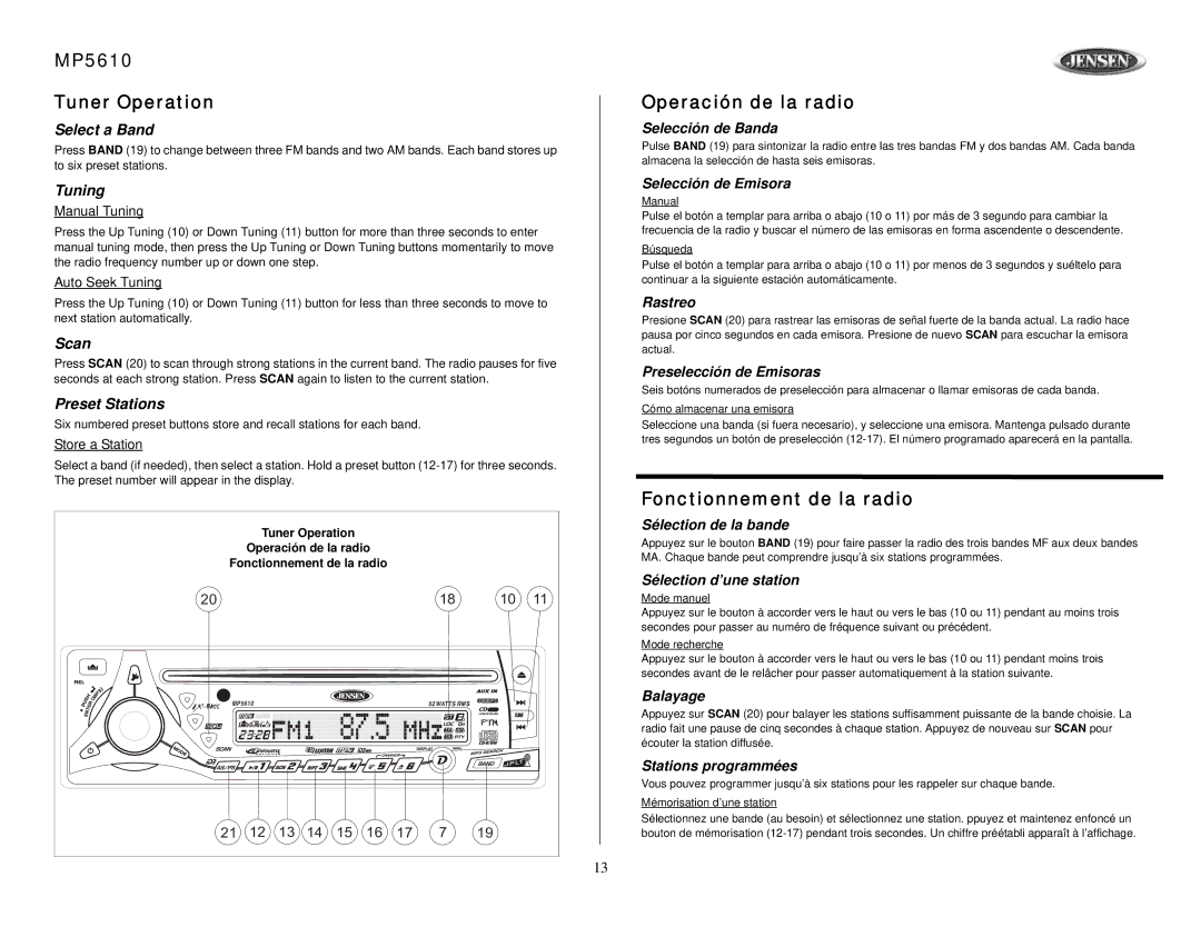 Audiovox owner manual MP5610 Tuner Operation, Operación de la radio, Fonctionnement de la radio 