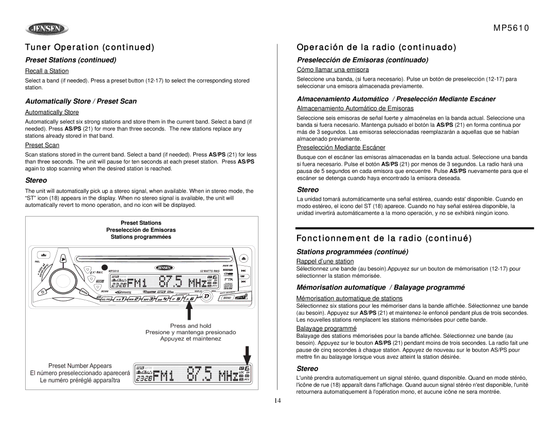 Audiovox owner manual MP5610 Operación de la radio continuado, Fonctionnement de la radio continué 