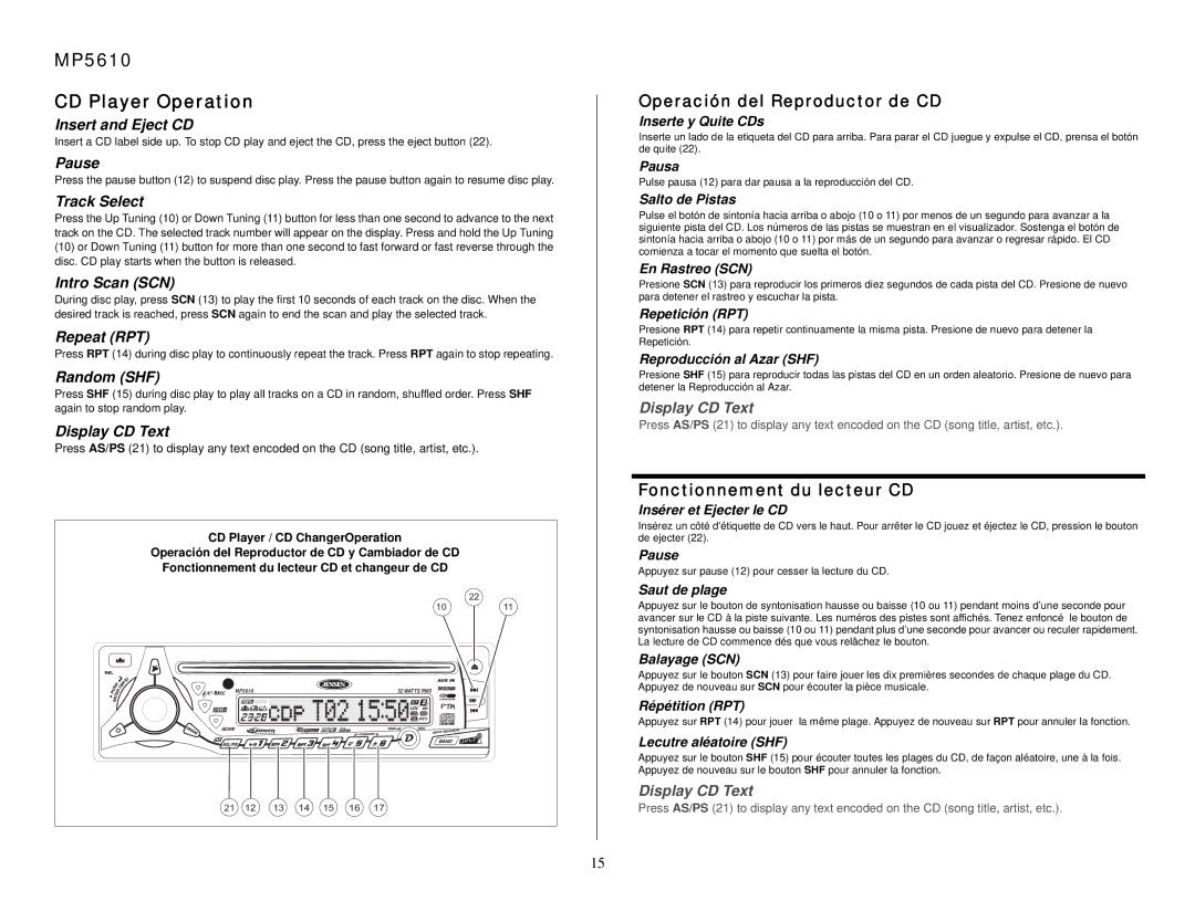 Audiovox owner manual MP5610 CD Player Operation 