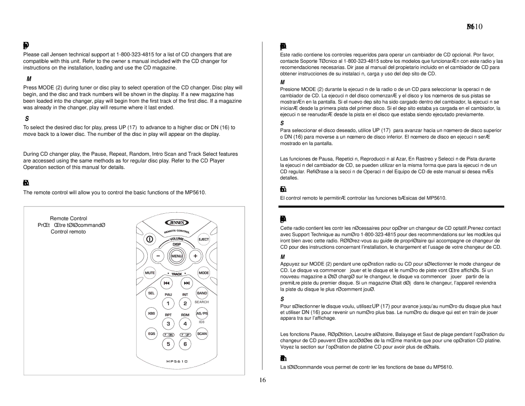 Audiovox owner manual CD Changer Operation, Remote Control, MP5610 Operación del Cambiador de CD, Control remoto 