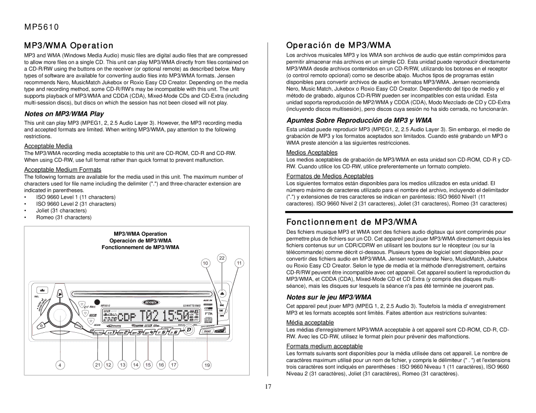 Audiovox owner manual MP5610 MP3/WMA Operation, Operación de MP3/WMA, Fonctionnement de MP3/WMA 