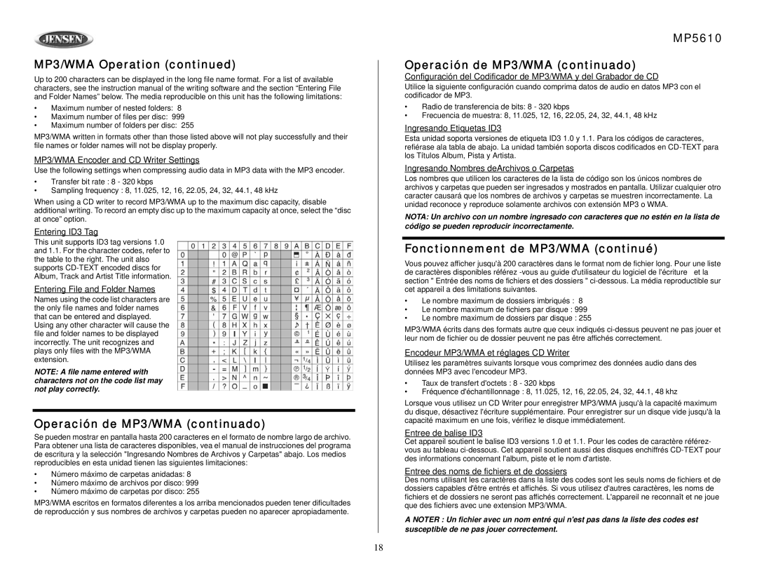 Audiovox owner manual MP5610 Operación de MP3/WMA continuado, Fonctionnement de MP3/WMA continué 