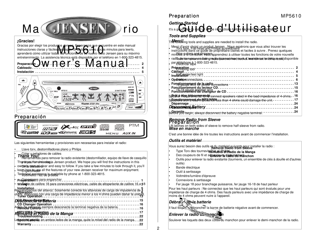 Audiovox MP5610 owner manual Preparación, Préparation 