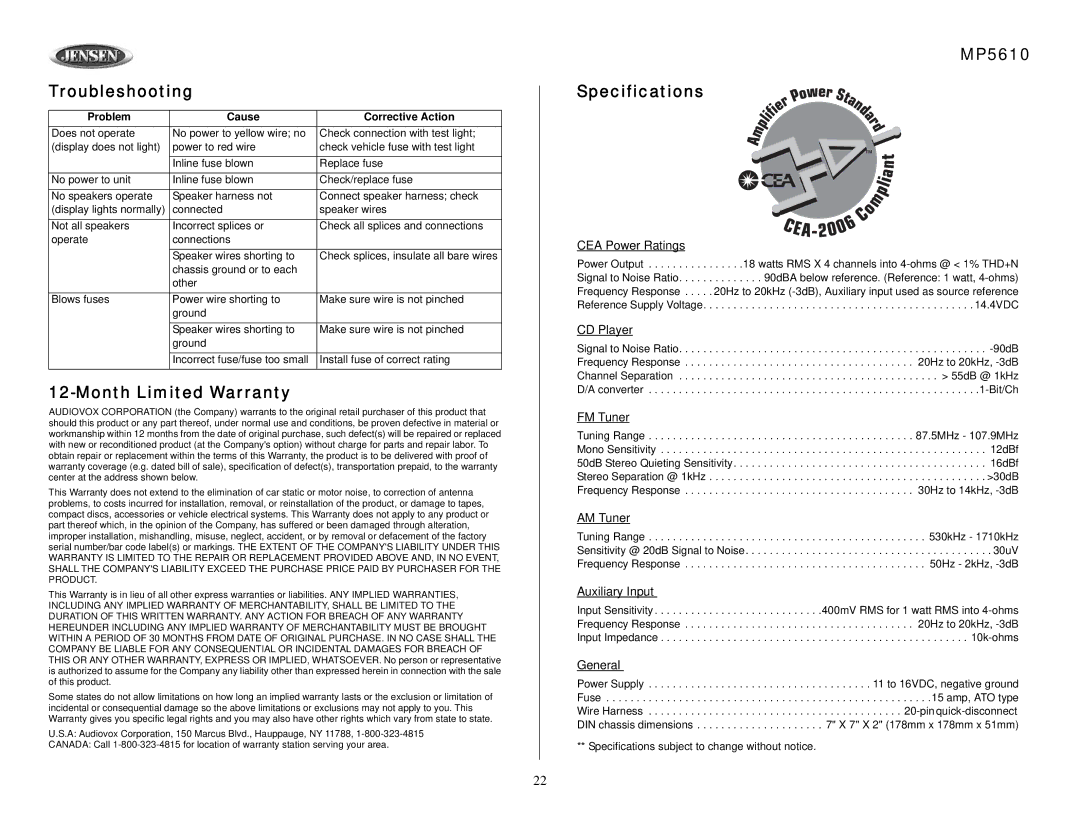 Audiovox owner manual Troubleshooting, Month Limited Warranty, MP5610 Specifications 