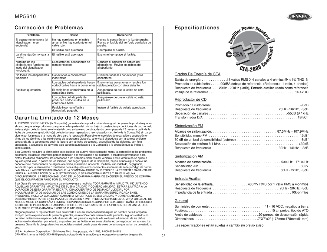 Audiovox owner manual MP5610 Corrección de Problemas, Garantia Limitade de 12 Meses, Especificationes 