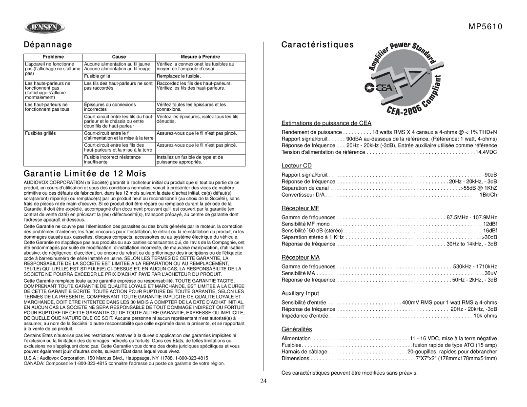 Audiovox owner manual Dépannage, Garantie Limitée de 12 Mois, MP5610 Caractéristiques 