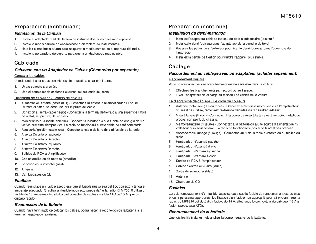 Audiovox owner manual Preparación continuado, Cableado, MP5610 Préparation continué, Câblage 