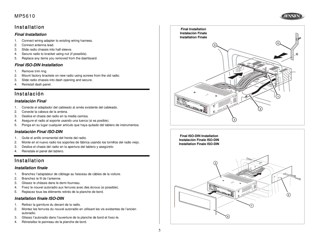 Audiovox owner manual MP5610 Installation, Instalación 