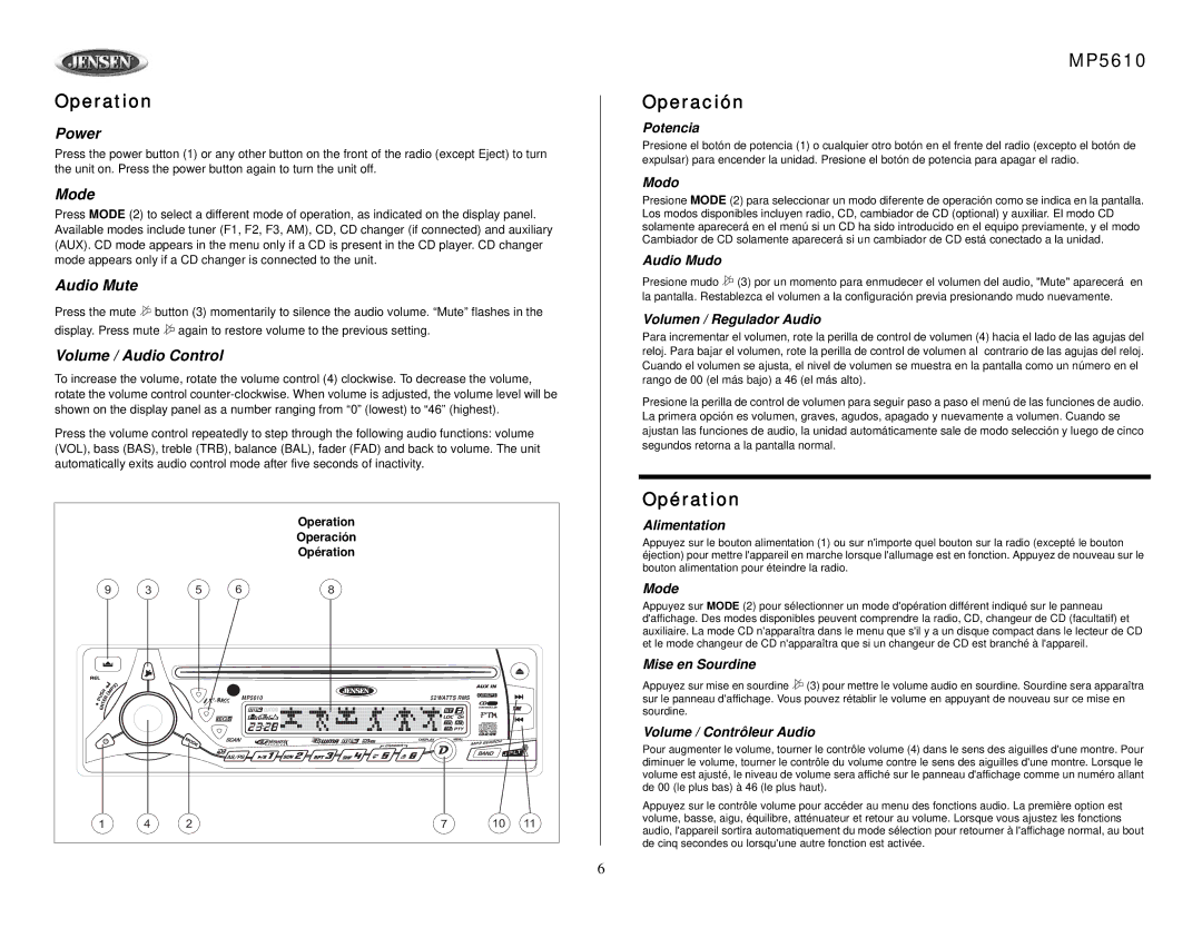 Audiovox owner manual Operation, MP5610 Operación, Opération 