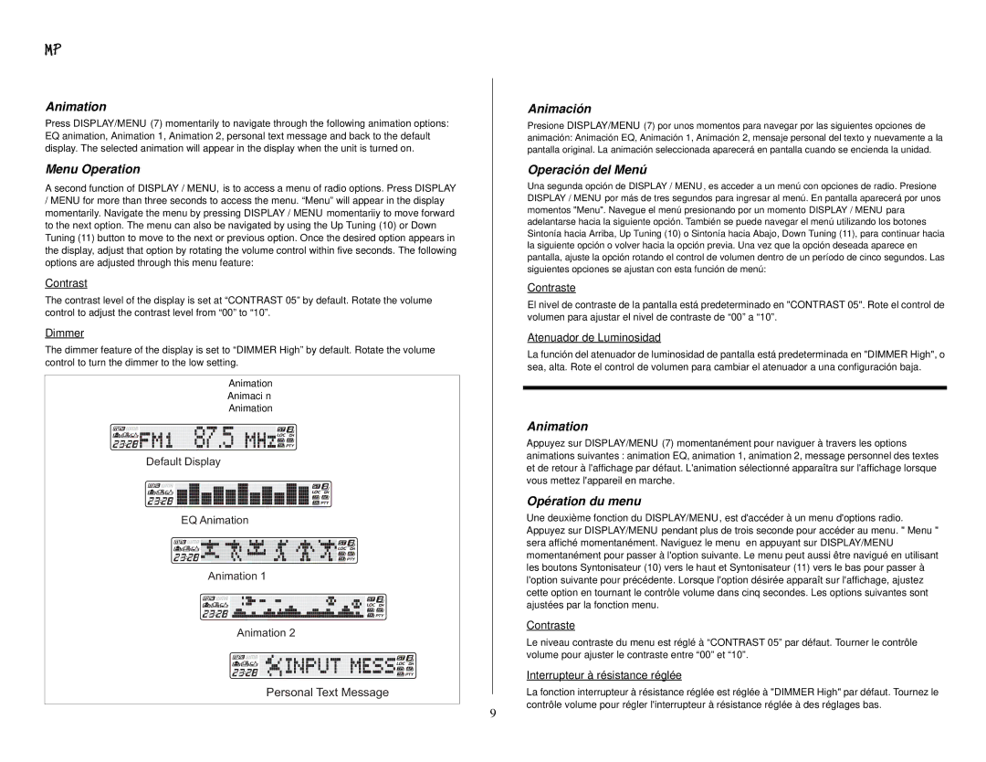 Audiovox MP5610 owner manual Animation, Menu Operation, Animación, Operación del Menú, Opération du menu 