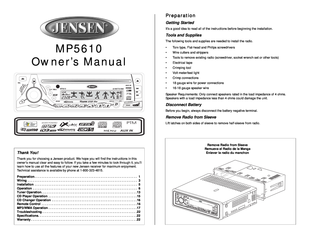 Audiovox MP5610 owner manual Preparation, Thank You, Getting Started, Tools and Supplies, Disconnect Battery, Menu Aux In 