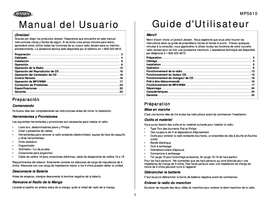 Audiovox MP5610 Manual del Usuario, Guide dUtilisateur, Preparación, Préparation, Comenzando, Herramientas y Provisiones 