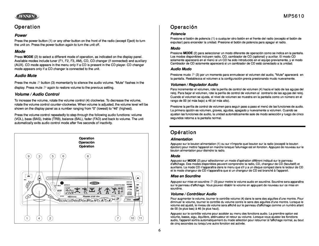 Audiovox owner manual Operation, MP5610 Operación, Opération, Power, Mode, Audio Mute, Volume / Audio Control 