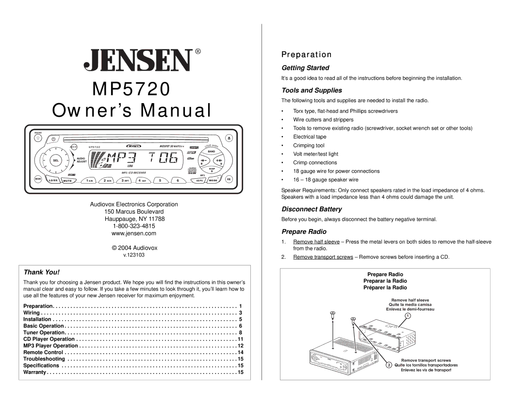 Audiovox MP5720 owner manual Preparation 