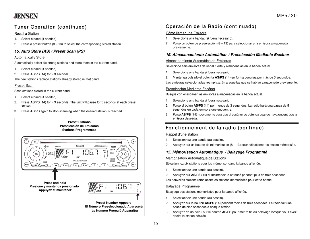 Audiovox owner manual MP5720 Operación de la Radio continuado, Auto Store AS / Preset Scan PS 