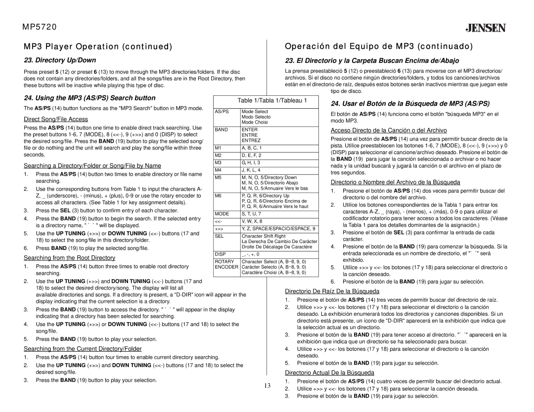 Audiovox MP5720 owner manual Using the MP3 AS/PS Search button, Usar el Botón de la Búsqueda de MP3 AS/PS 