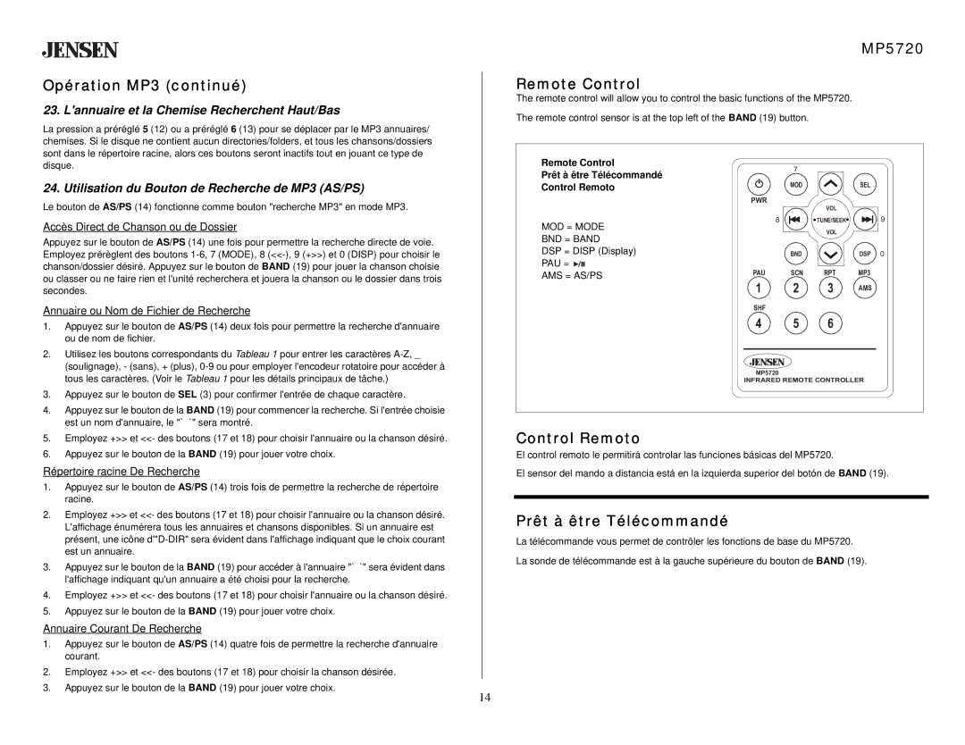 Audiovox owner manual Opération MP3 continué, MP5720 Remote Control, Control Remoto, Prêt à être Télécommandé 