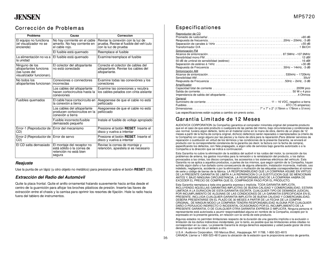 Audiovox owner manual Corrección de Problemas, MP5720 Especificationes, Garantia Limitade de 12 Meses, Reajuste 